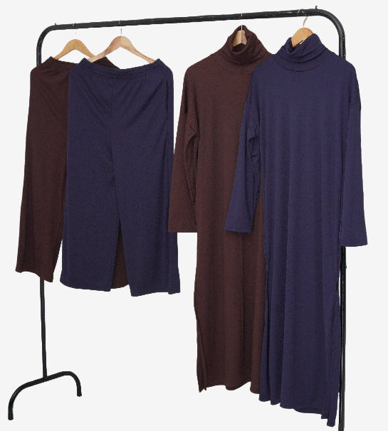 Roll-Neck Long Shirt with Wide-Leg Pant - Chocolate brown / Navy blue