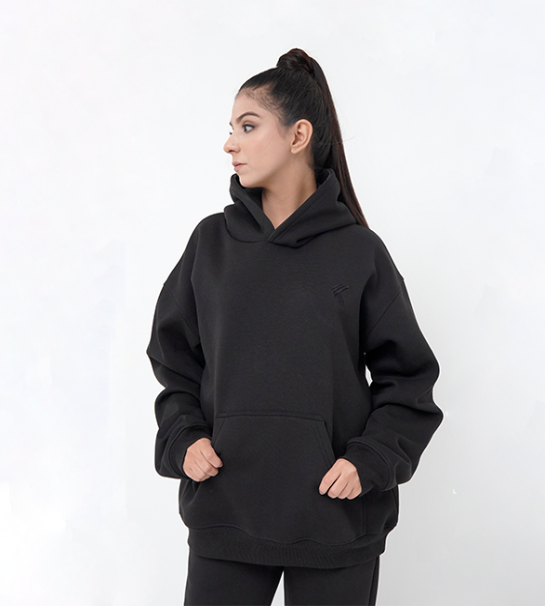 Oversized Pull-Over Hoodie & Trouser( Combed Cotton Fleece )-Black