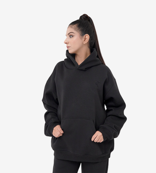 Oversized Pull-Over Hoodie & Trouser( Combed Cotton Fleece )-Black