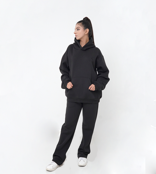 Oversized Pull-Over Hoodie & Trouser( Combed Cotton Fleece )-Black