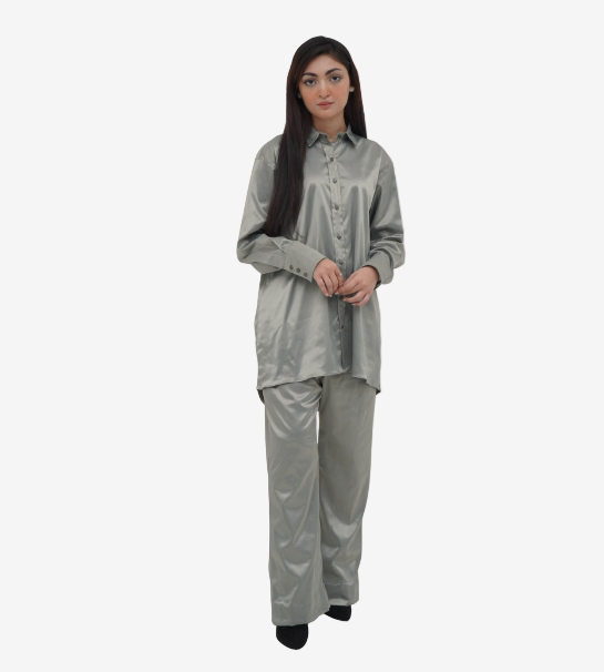 Stretchable Silk Oversized Button-Down Shirt and Trouser – Pastel Green