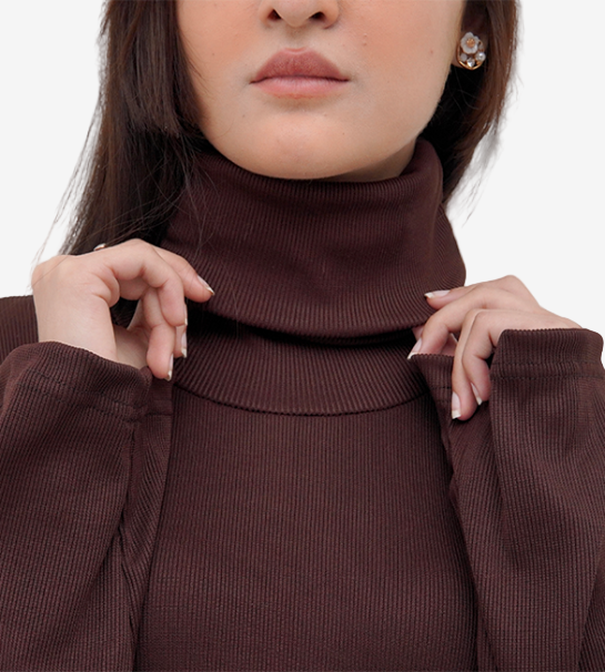 Roll-Neck  Long Shirt with Wide-Leg Pant - Chocolate brown / Navy blue