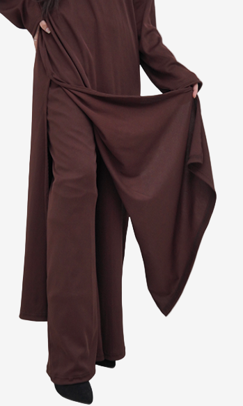 Roll-Neck  Long Shirt with Wide-Leg Pant - Chocolate brown / Navy blue