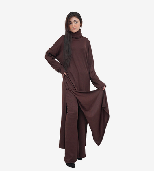 Roll-Neck  Long Shirt with Wide-Leg Pant - Chocolate brown / Navy blue