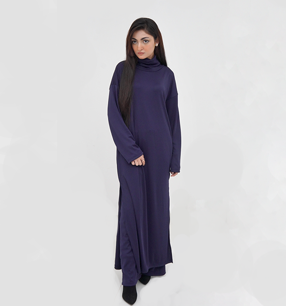 Roll-Neck  Long Shirt with Wide-Leg Pant - Chocolate brown / Navy blue