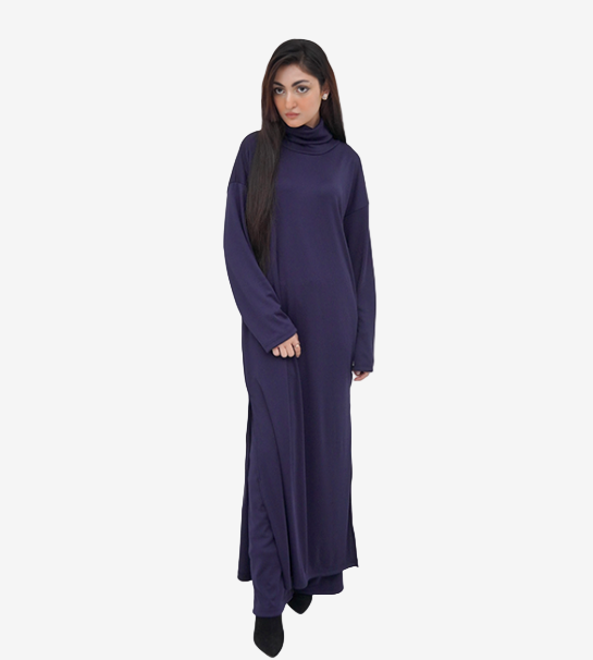 Roll-Neck  Long Shirt with Wide-Leg Pant - Chocolate brown / Navy blue