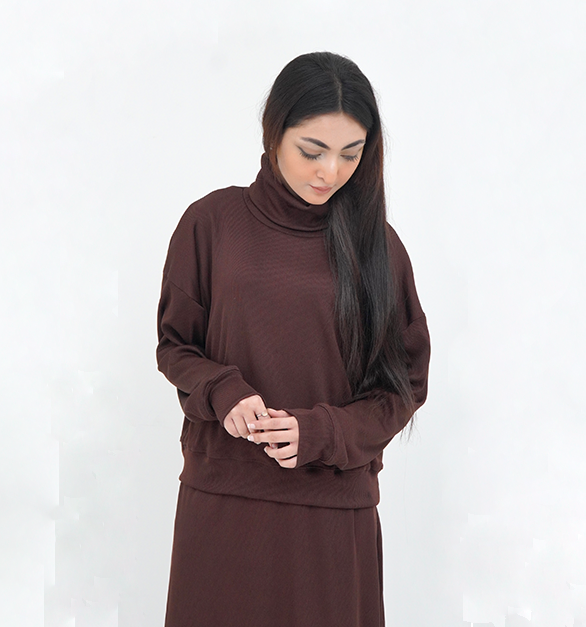 Bodycon Two-Piece (Roll Neck) - Chocolate brown  / Navy blue
