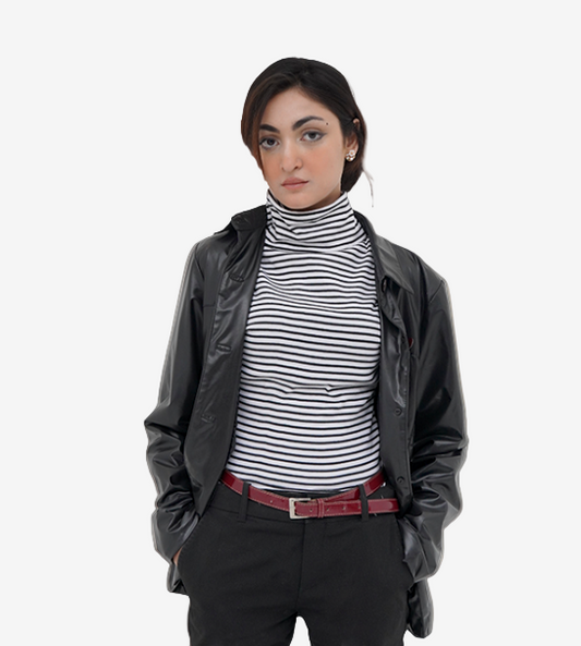 Roll Neck Sleeveless Top – White & Black Stripes