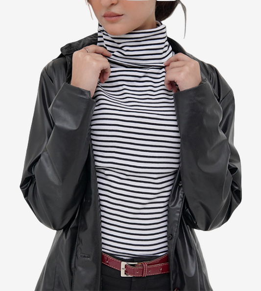 Roll Neck Sleeveless Top – White & Black Stripes