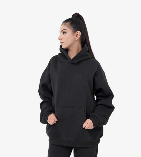 Oversized Pull-Over Hoodie & Trouser( Combed Cotton Fleece )-Black