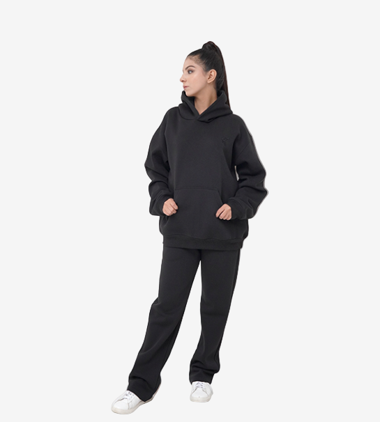 Oversized Pull-Over Hoodie & Trouser( Combed Cotton Fleece )-Black