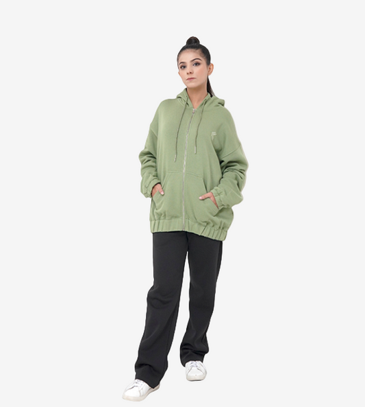 Relaxed Fit Oversized Zipper Hoodie- sage green