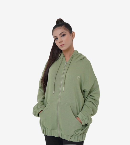 Relaxed Fit Oversized Zipper Hoodie- sage green