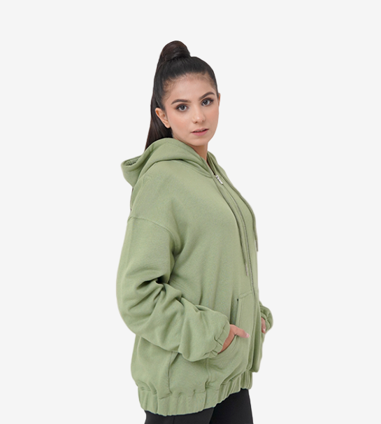 Relaxed Fit Oversized Zipper Hoodie- sage green