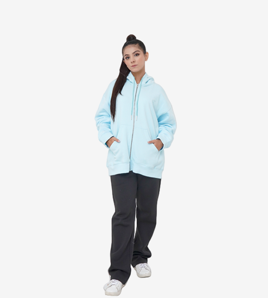 Relaxed Fit Oversized Zipper Hoodie- Ice Blue