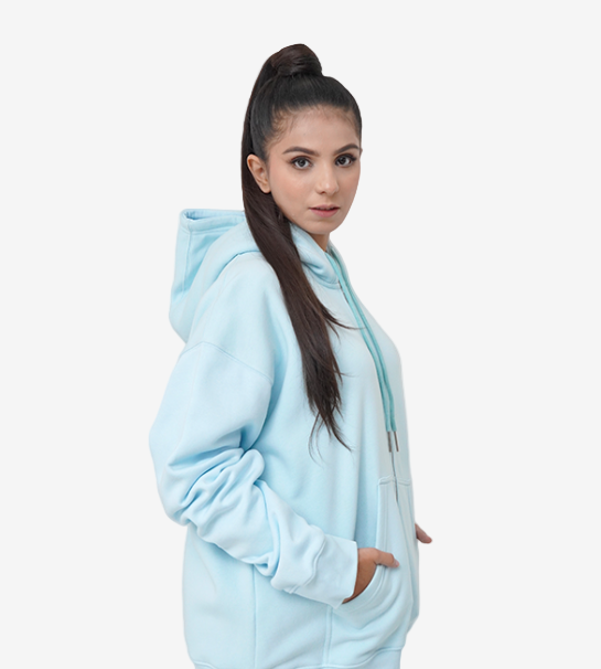 Relaxed Fit Oversized Zipper Hoodie- Ice Blue