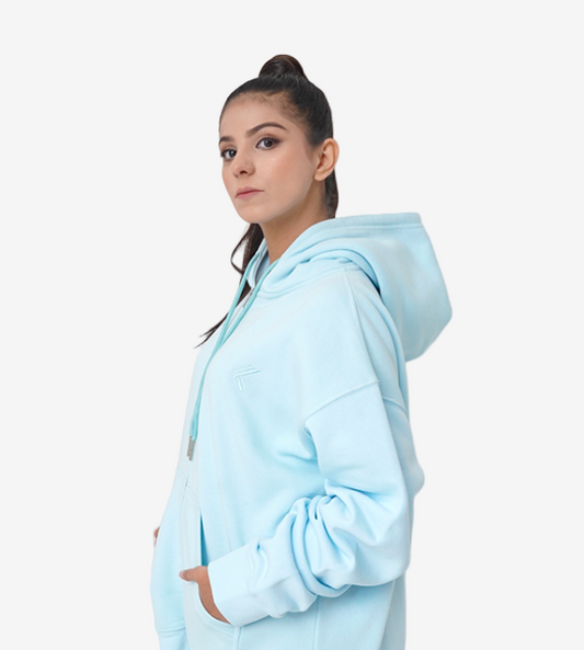 Relaxed Fit Oversized Zipper Hoodie- Ice Blue