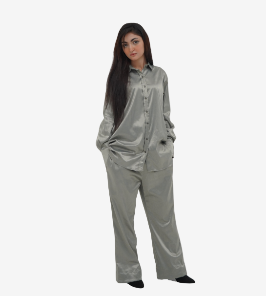 Stretchable Silk Oversized Button-Down Shirt and Trouser – Pastel Green