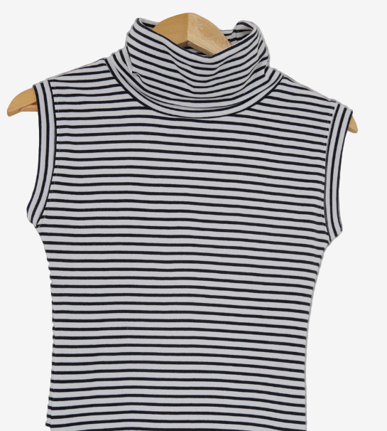 Roll Neck Sleeveless Top – White & Black Stripes