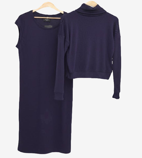 Bodycon Two-Piece (Roll Neck) - Chocolate brown  / Navy blue